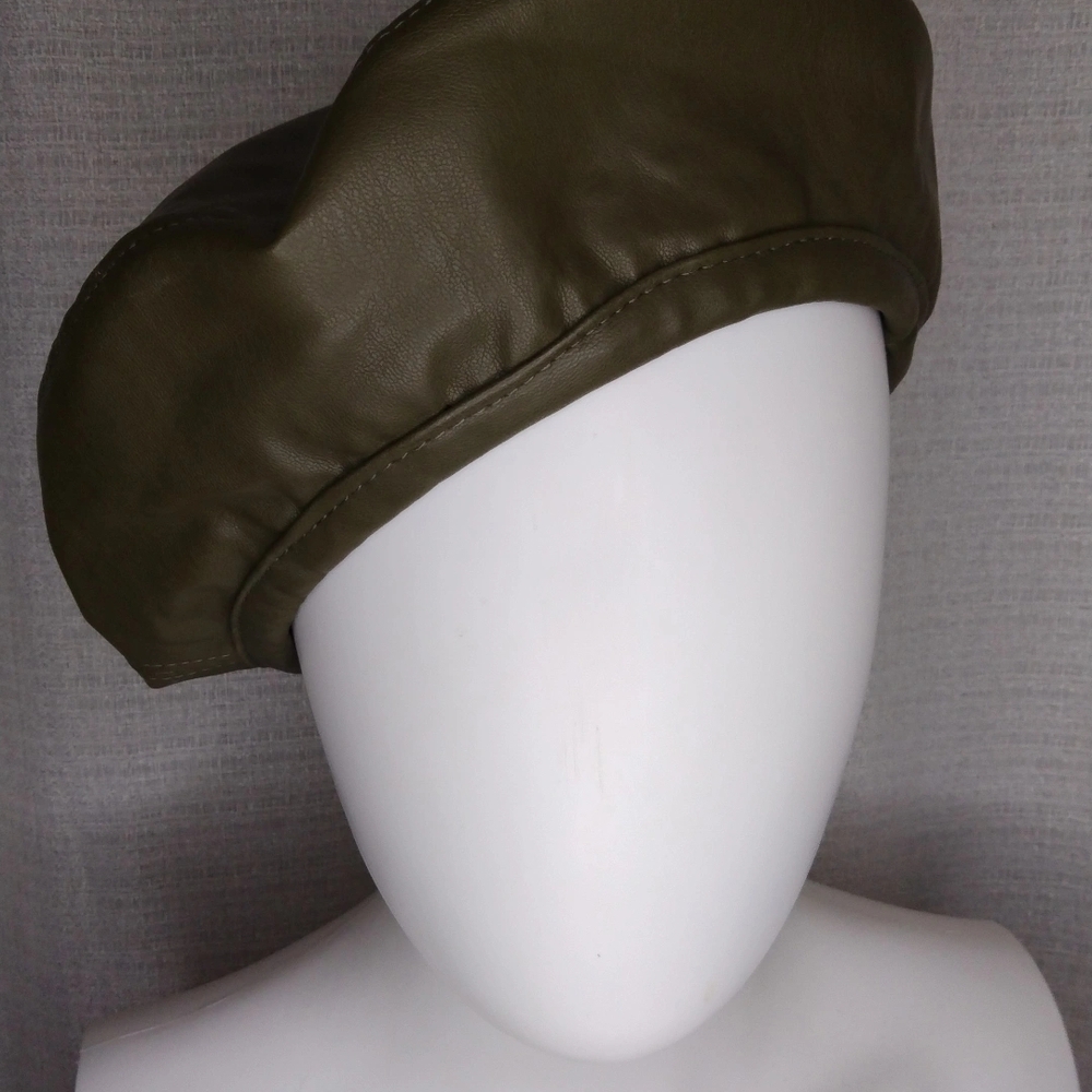 Olive Green Leather Beret - Picture 3 of 4